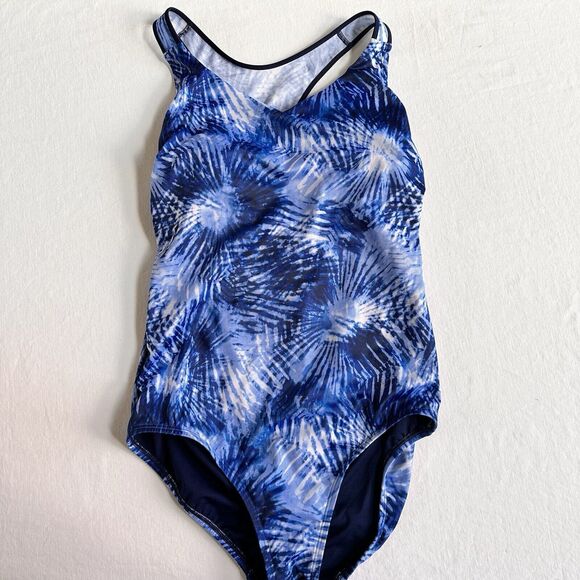 Lands' End V-Neck Racerback One Piece Blue Tie Dye 12L Long Tall - Picture 2 of 7